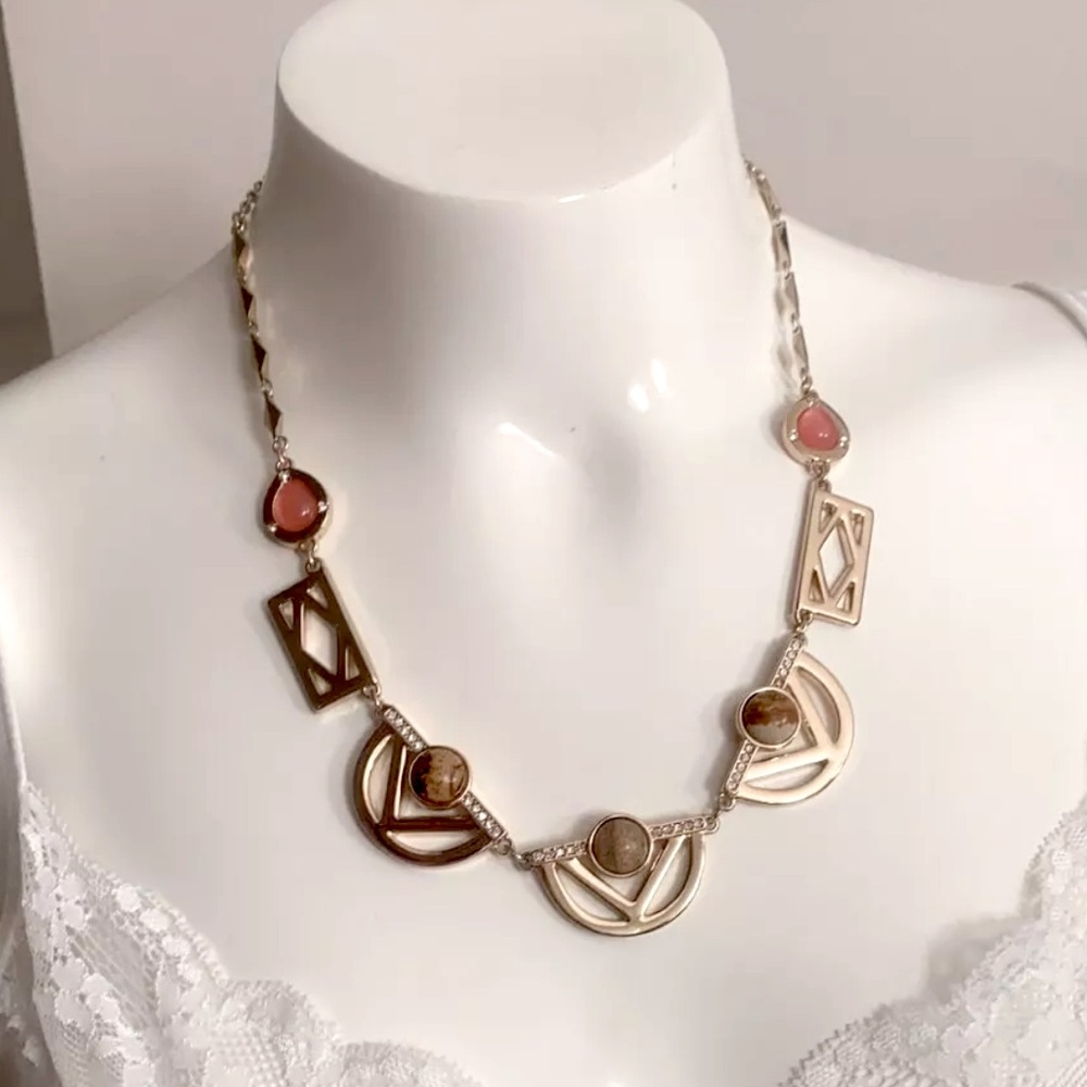 🆕 WHBM Art Deco Geo Modern Pink Jasper & Tiger’s Eye Gold Statement Necklace